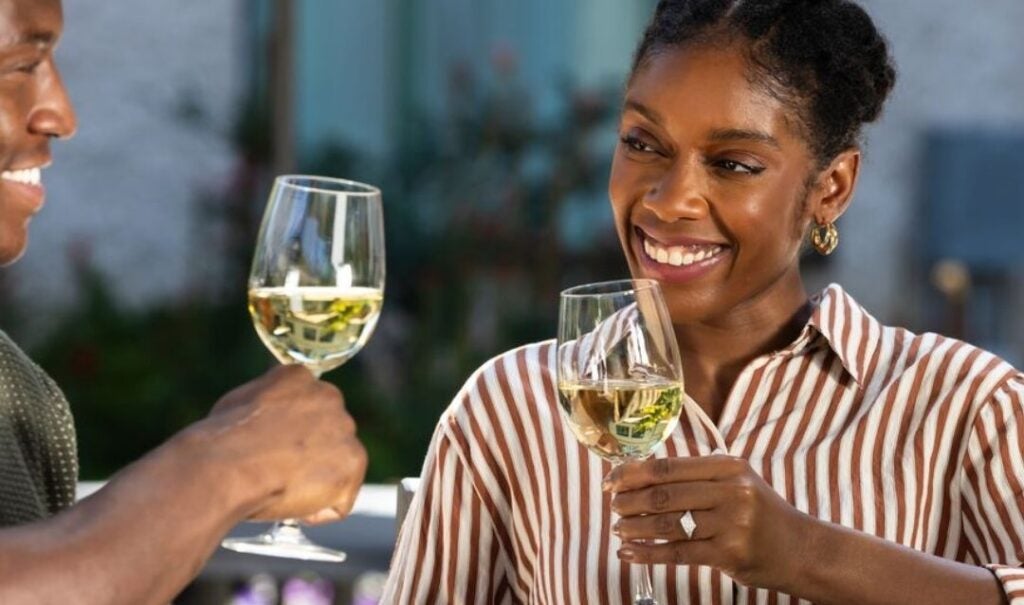 Couple toasting with white wine