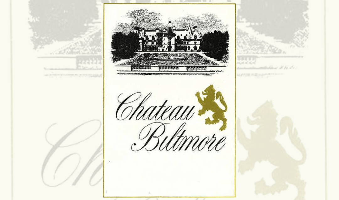 An original Biltmore wine label known as the Chateau Biltmore label featuring an image of Biltmore House and a rampant lion.