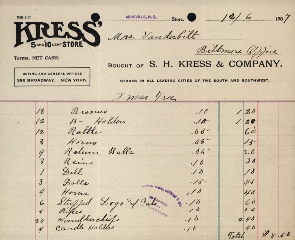 1907 receipt of gifts purchased by Edith Vanderbilt for employees Christmas festivities.