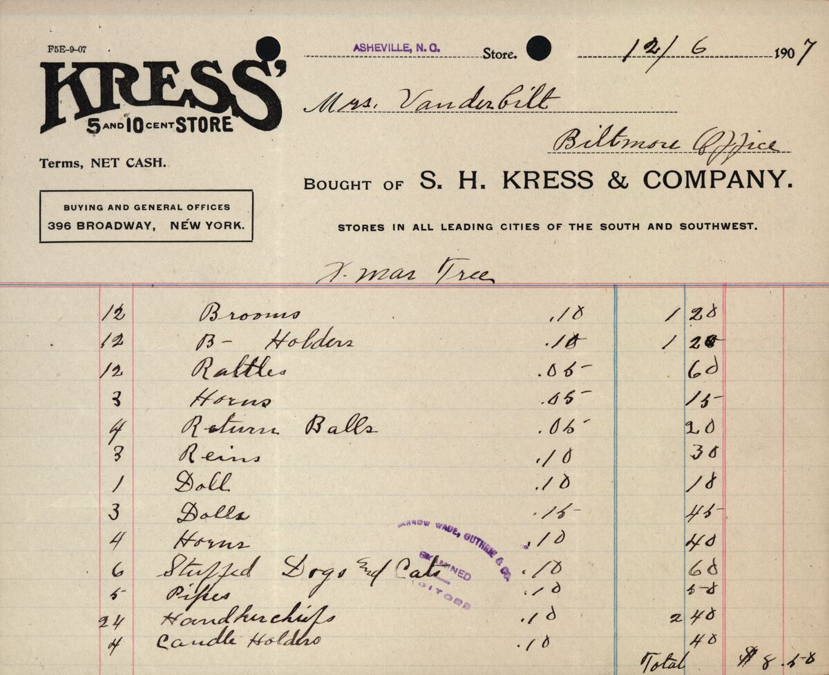 1907 receipt of gifts purchased by Edith Vanderbilt for employees Christmas festivities.