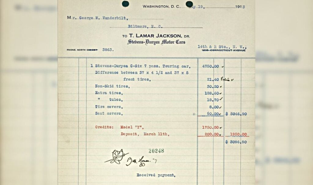 Receipt for purchase of Stevens-Duryea car; sold to George Vanderbilt for $3096.90 in May, 1913.