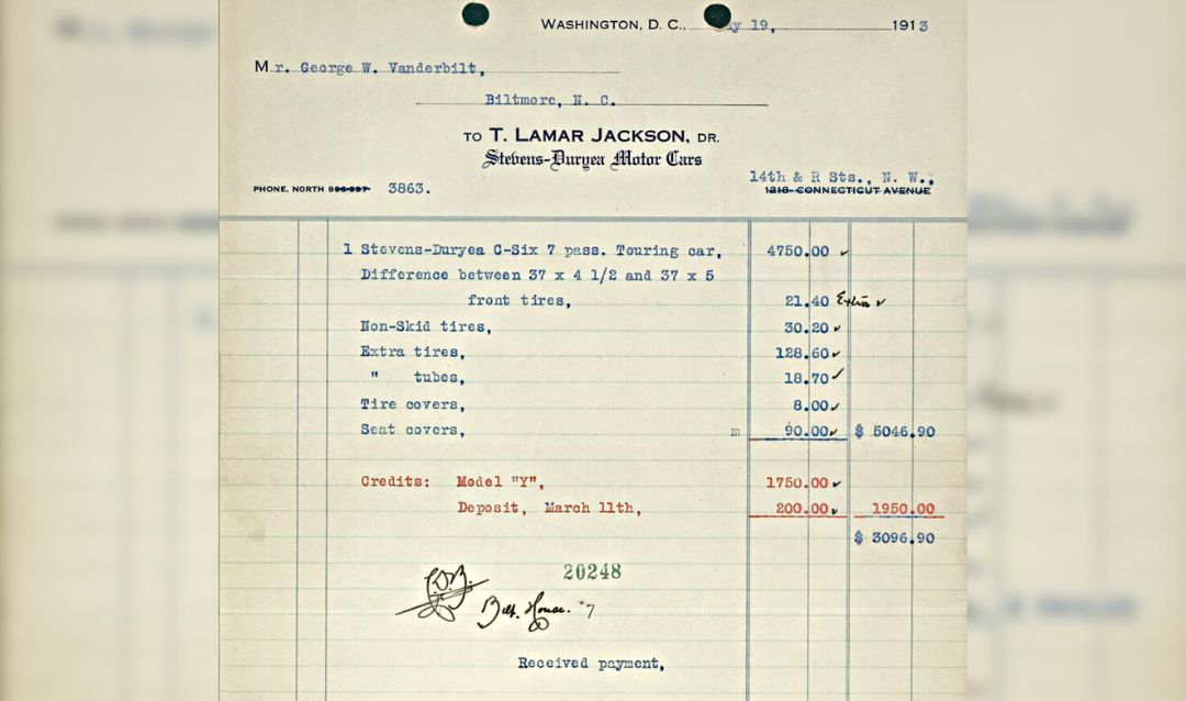 Receipt for purchase of Stevens-Duryea car; sold to George Vanderbilt for $3096.90 in May, 1913.