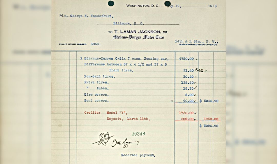 Receipt for purchase of Stevens-Duryea car; sold to George Vanderbilt for $3096.90 in May, 1913.