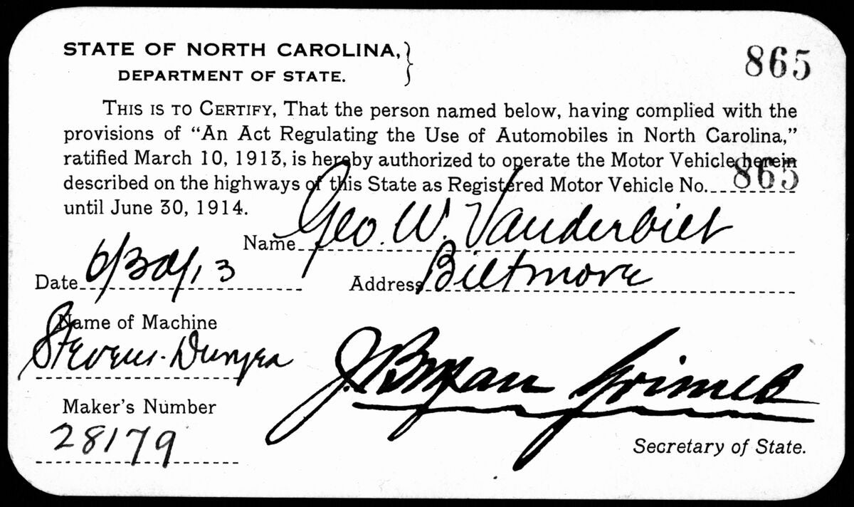North Carolina driver's license for George W. Vanderbilt from 1913.