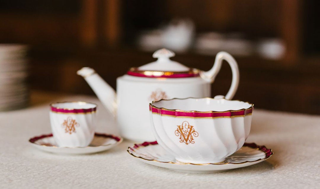 Cup, saucer, and teapot featuring George Vanderbilt's monogram