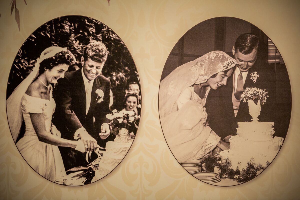 Text panel photos of Jackie Onassis and John F Kennedy wedding and Mary Lee Ryan and William Cecile wedding; both women wore the same veil. On exhibition in Legacy in Antler Hill Village.