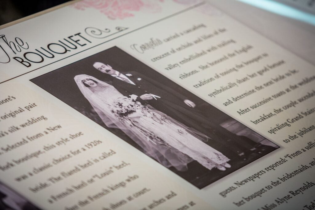 Text panel in Legacy at Antler Hill Village with archival photo of Cornelia Vanderbilt's wedding.