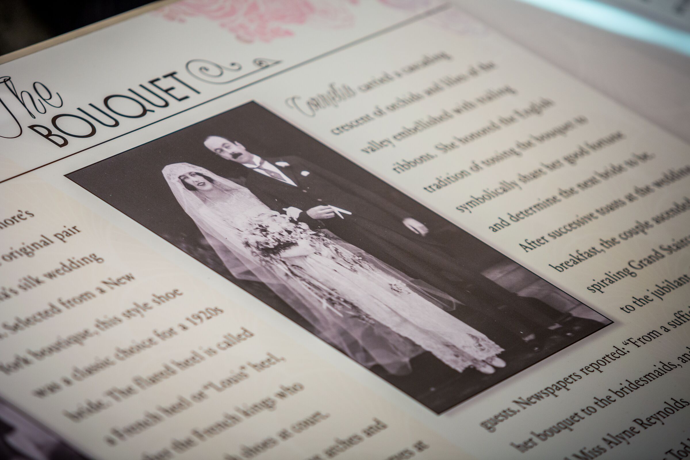 Text panel in Legacy at Antler Hill Village with archival photo of Cornelia Vanderbilt's wedding.