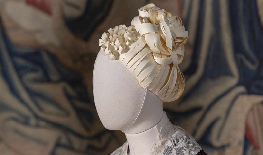Detailed paper wig created for Maria Louisa Vanderbilt's mannequin