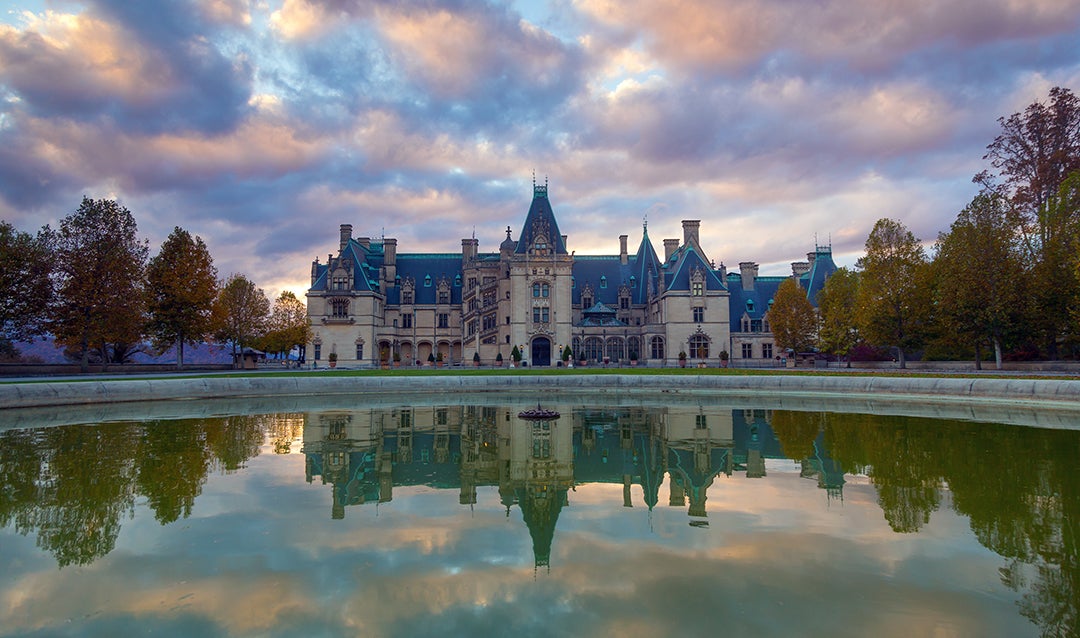 Evening reflection of Biltmore House in the Front Lawn fountain