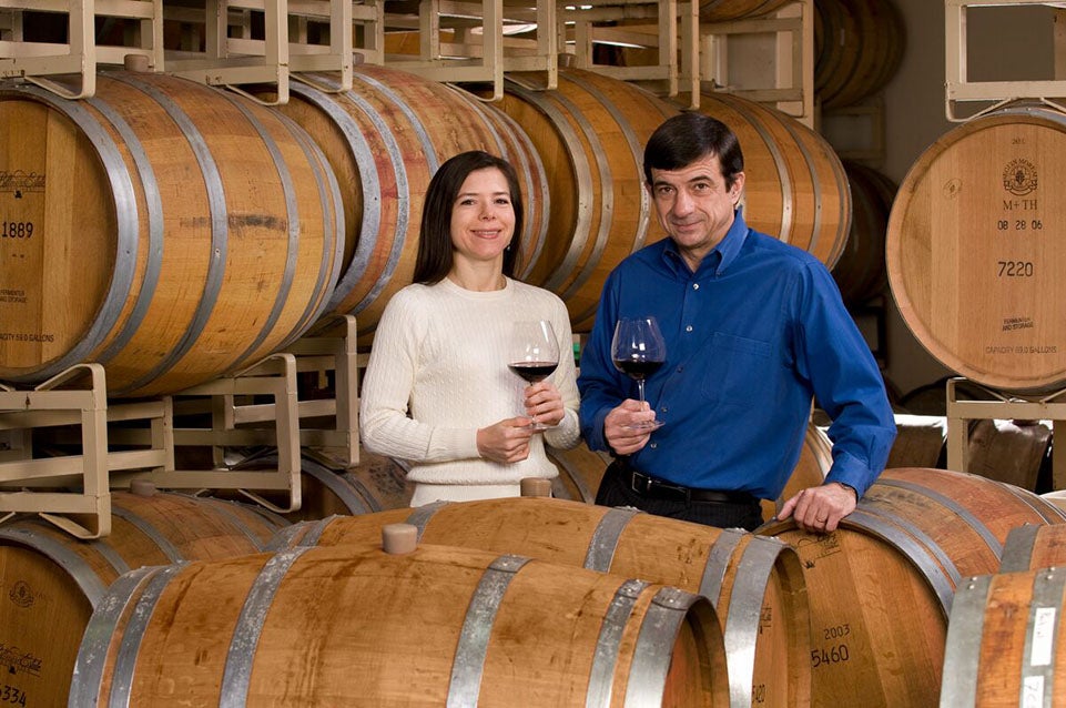 Sharon Fenchak (Winemaker) and Bernard Delille (Winemaster) in Barrel Room at Winery