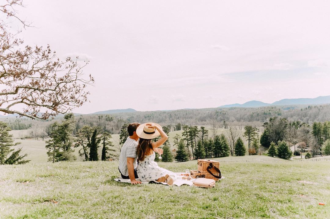 📷 by Camryn Glackin; Couple enjoys a spring picnic in a field at Biltmore