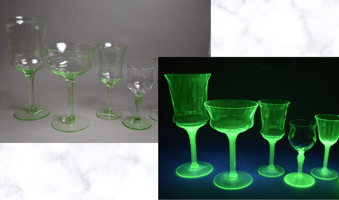 Uranium glass under normal light and glowing under UV light