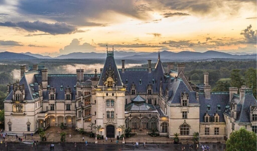 Front facade of Biltmore House at sunset