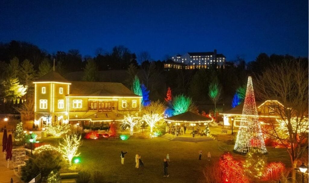 Antler Hill Village illuminated for the Christmas at Biltmore season