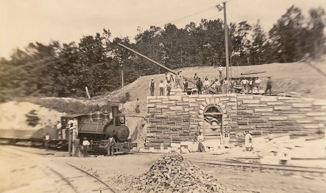 Archival image of the locomotive Biltmore that transported supplies and workers from the depot in Biltmore Village directly to the construction site, 1892.