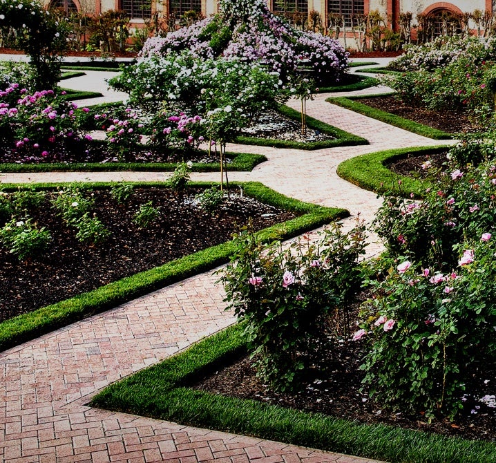 Lush greenery amid brick walking path in Biltmore's Walled Garden
