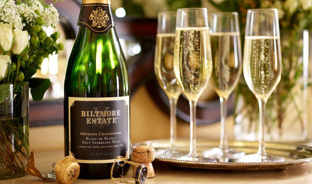 Biltmore Estate Brut sparkling wine and glasses