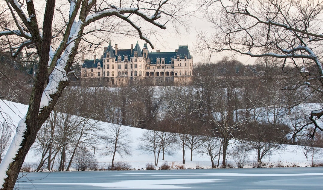 West facade of Biltmore House in snow