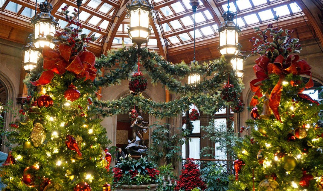 Winter Garden in Biltmore House decorated for Christmas at Biltmore