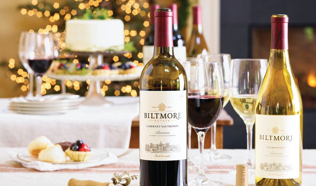Biltmore wines with cake and holiday lights