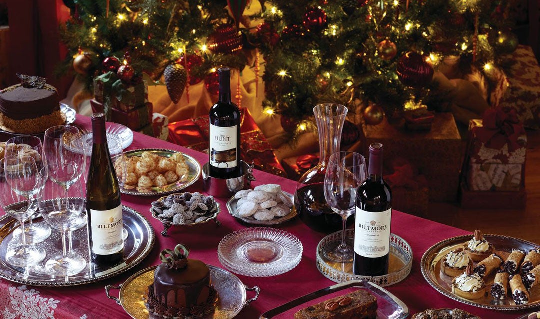 Biltmore wines with Christmas tree and desserts