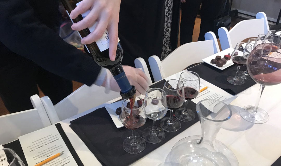 Pouring red wines for the Red Wine and Chocolate Tasting