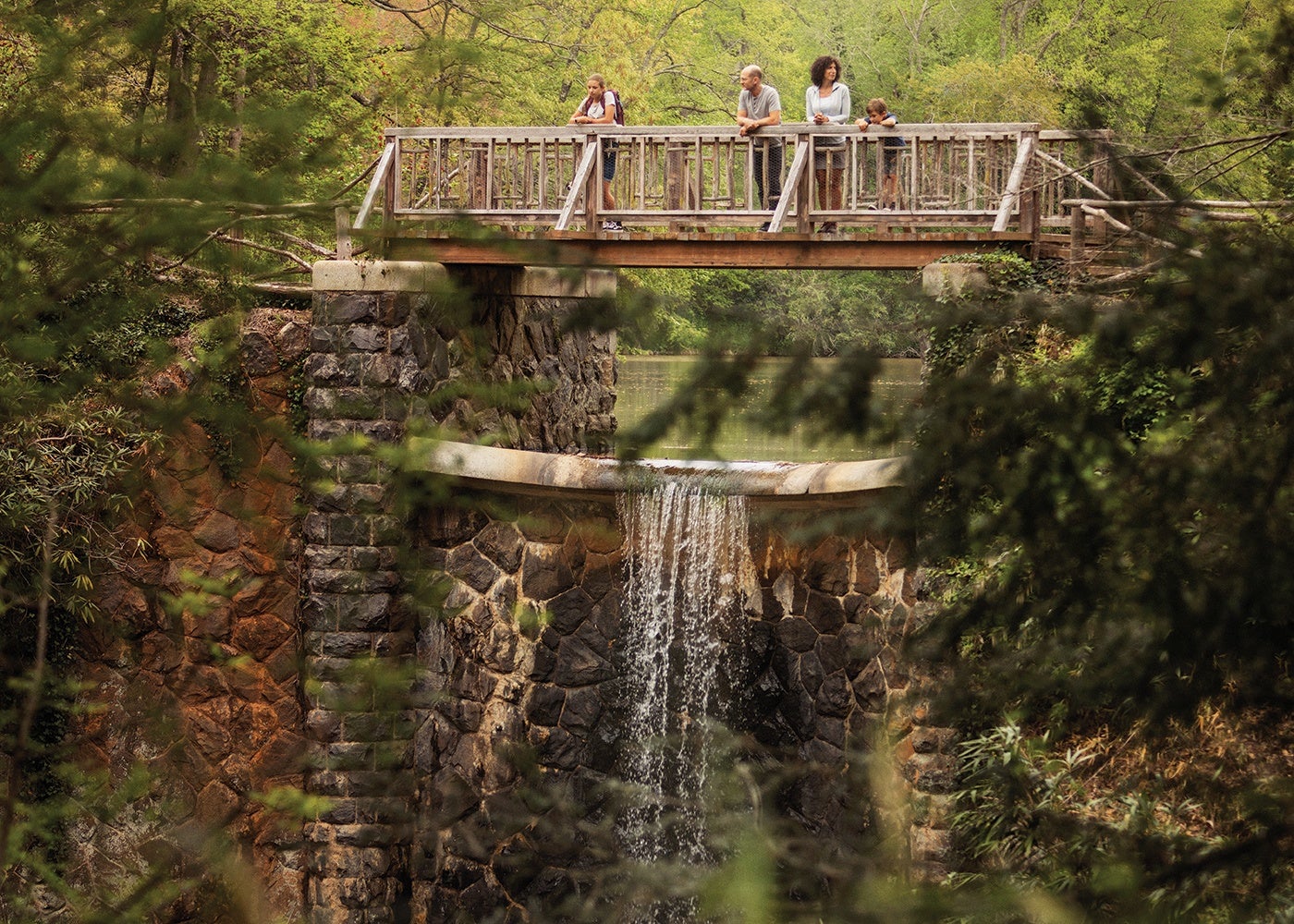 family walking across bass pond bridge