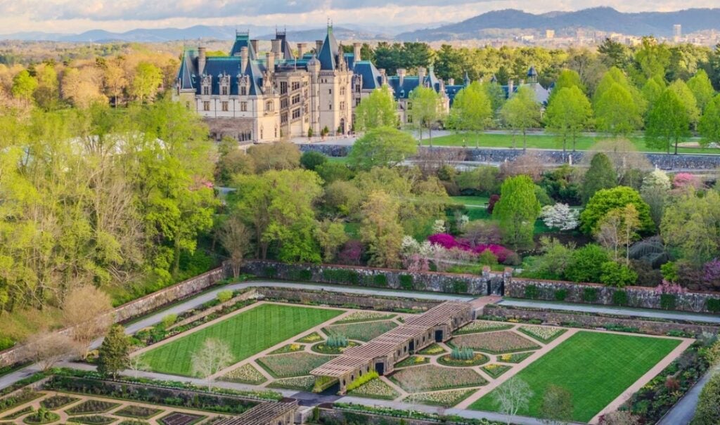Aerial view of Biltmore House and Walled Garden in spring.