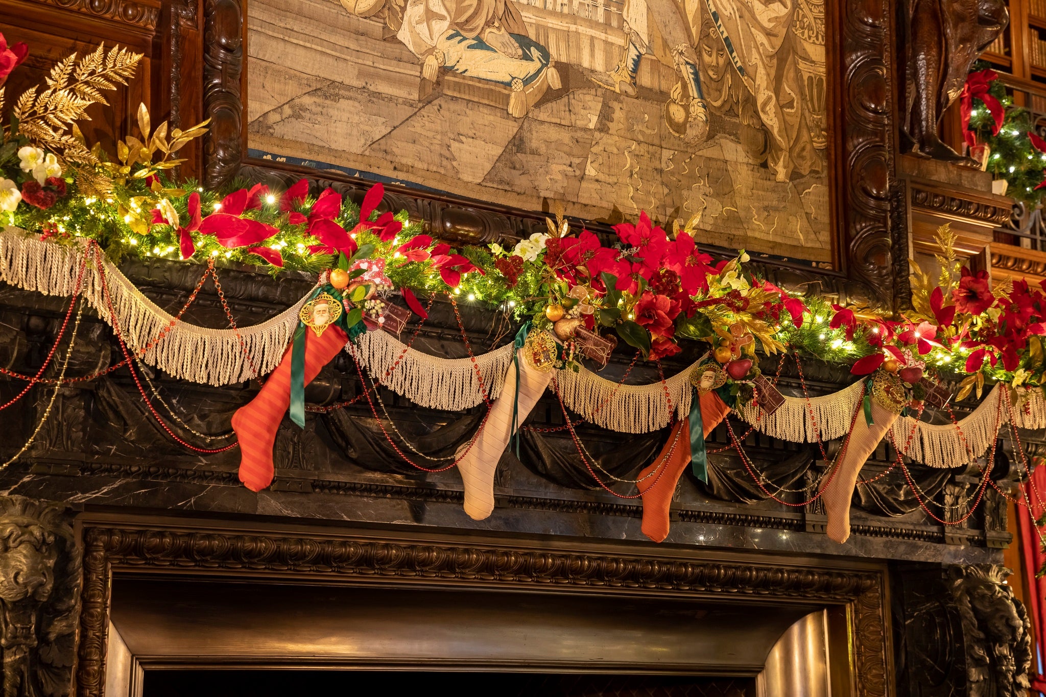 Biltmore House Library mantel hung with stockings