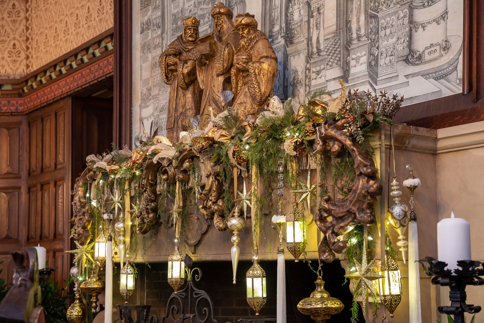 Christmas decorations on the mantel in the Music Room of Biltmore House