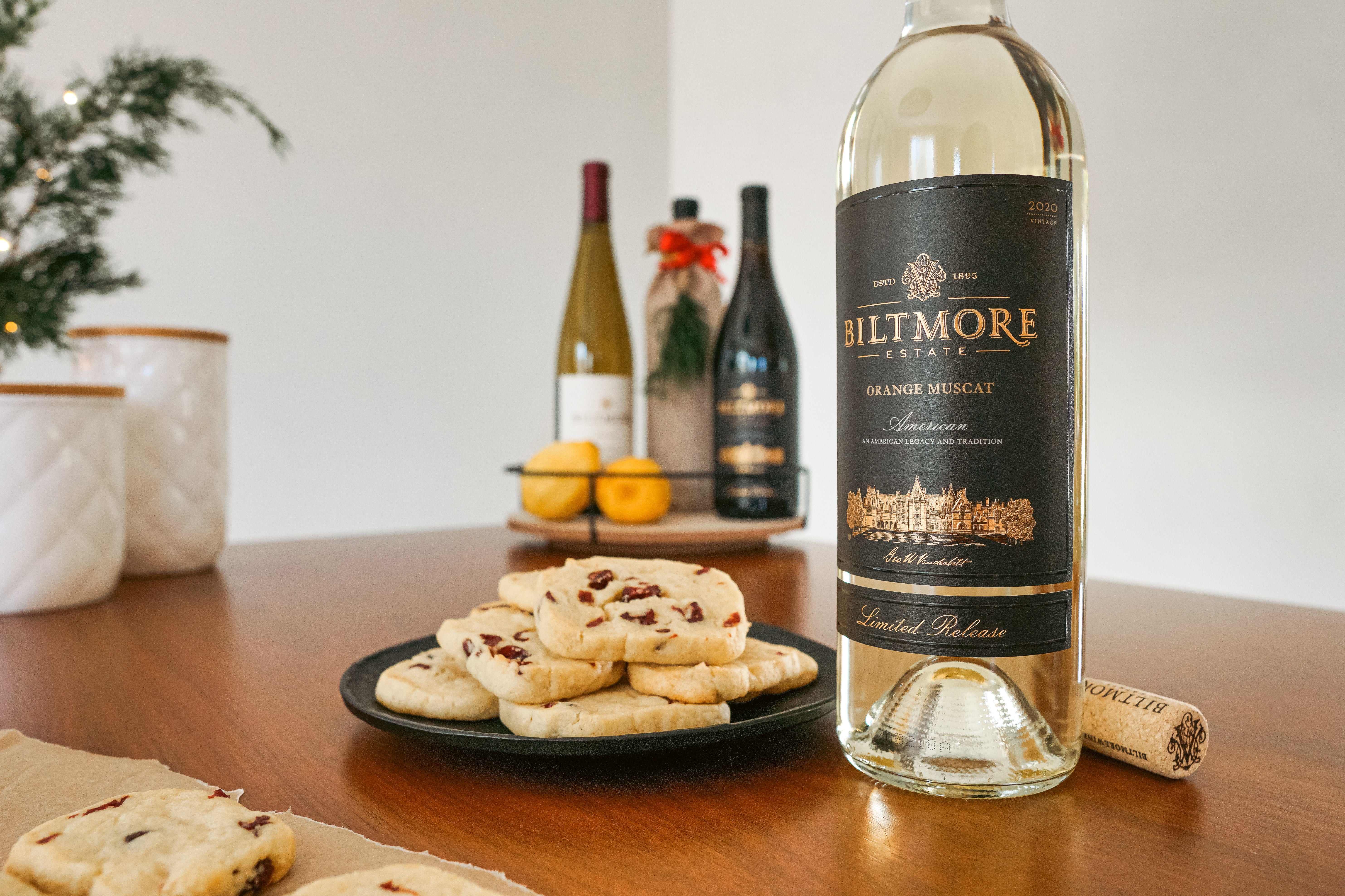 Biltmore Estate Limited Release Orange Muscat wine paired with Lemon-Cranberry Shortbread cookies