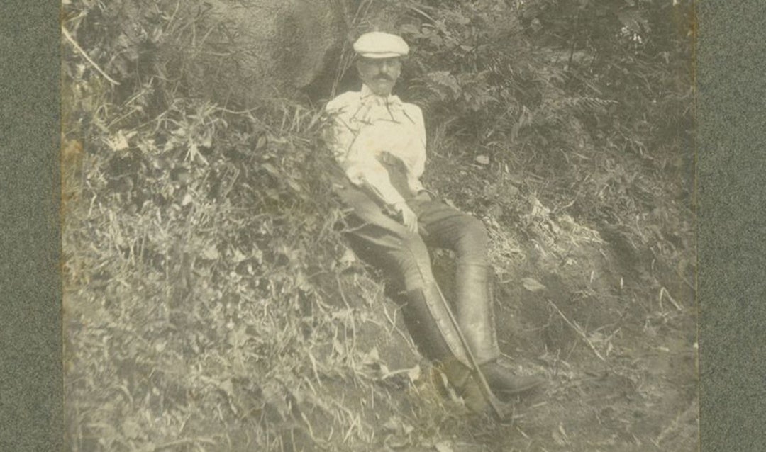 George Vanderbilt relaxing during a hike in Pisgah Forest, ca. 1901