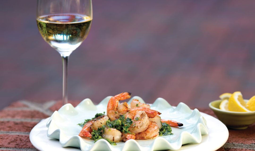 Biltmore Estate white wine with pesto shrimp