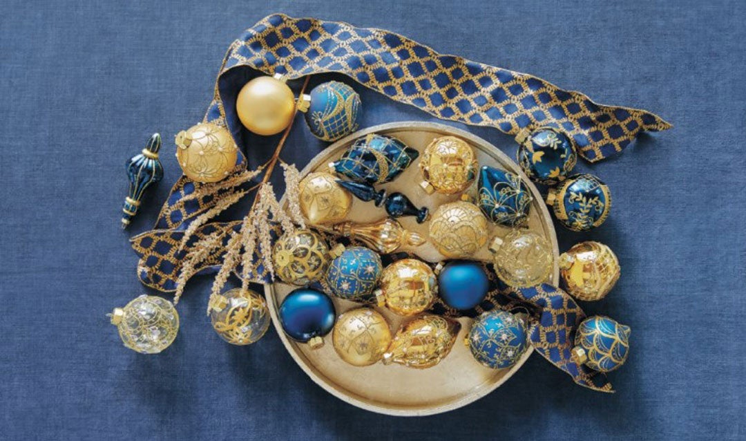 Holiday decor: Biltmore Legacy Collection blue and gold ornaments