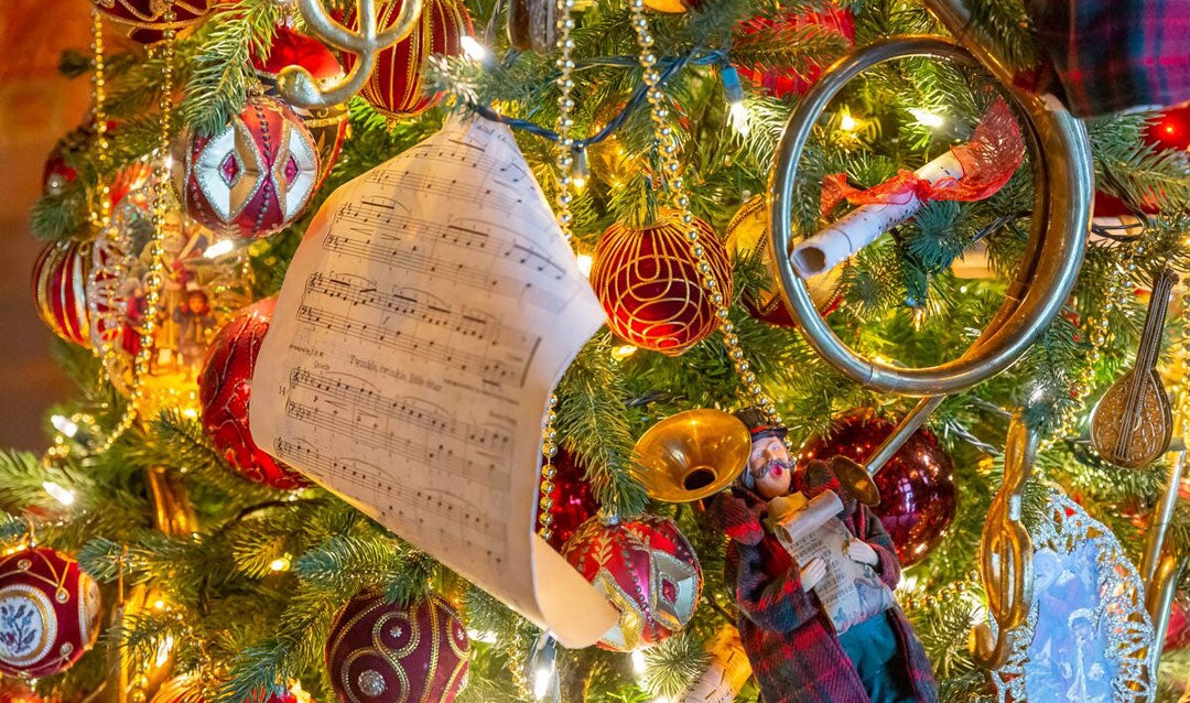 Sheet music decoration on Christmas tree