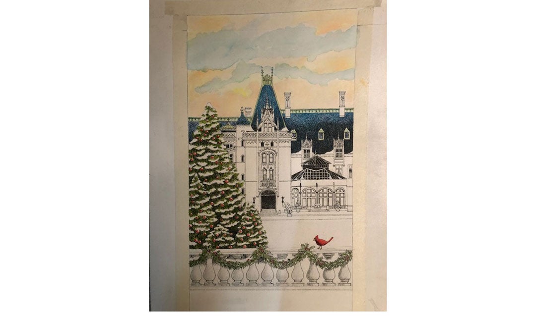 Exterior pencil sketch of Biltmore House with touches of watercolor