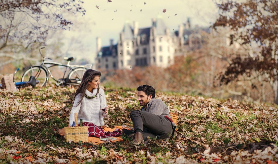 Couple enjoying fall picnic with Biltmore wines