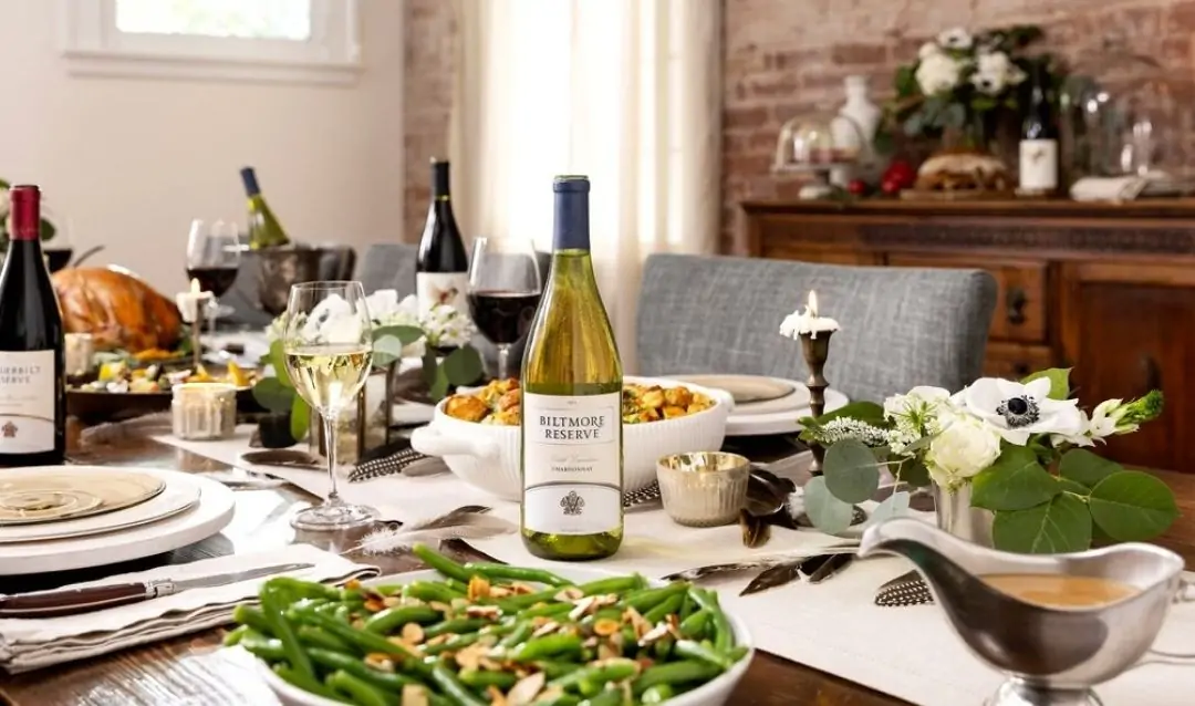 Thanksgiving table with a bottle of Biltmore Reserve Chardonnay.