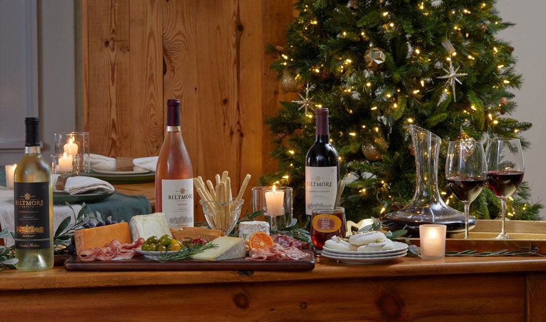 Sideboard filled with Biltmore wine, spreads, and dips