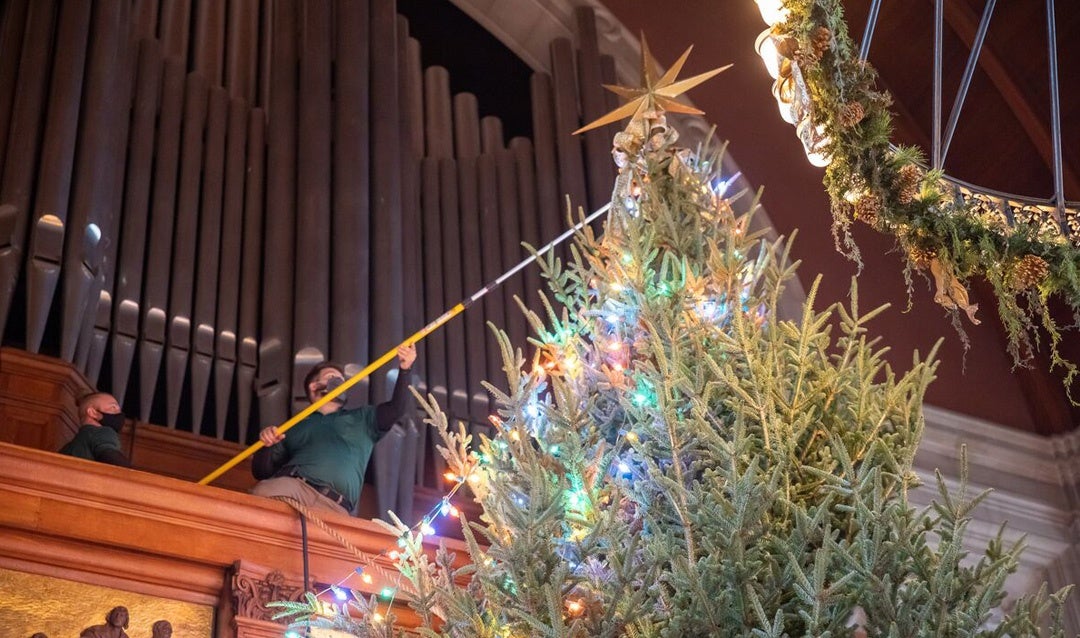 Biltmore staff members carefully string lights on the Banquet Hall’s 35-foot-tall Fraser fir.