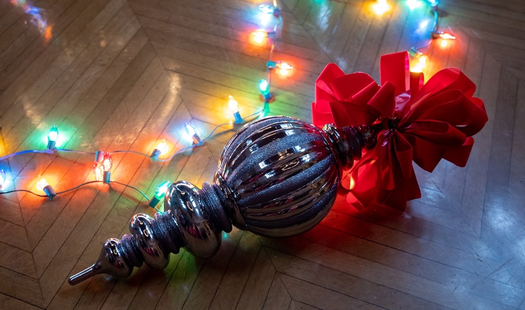 Even some ornaments get their own bows, like this oversized bauble for the Banquet Hall tree.