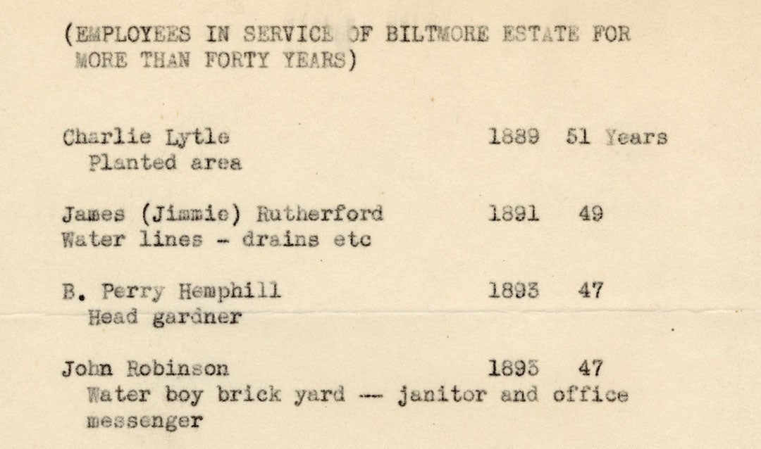 Archival document compiled in preparation for the Azalea Garden ceremony. As the longest-serving employees, Charlie Lytle, James 