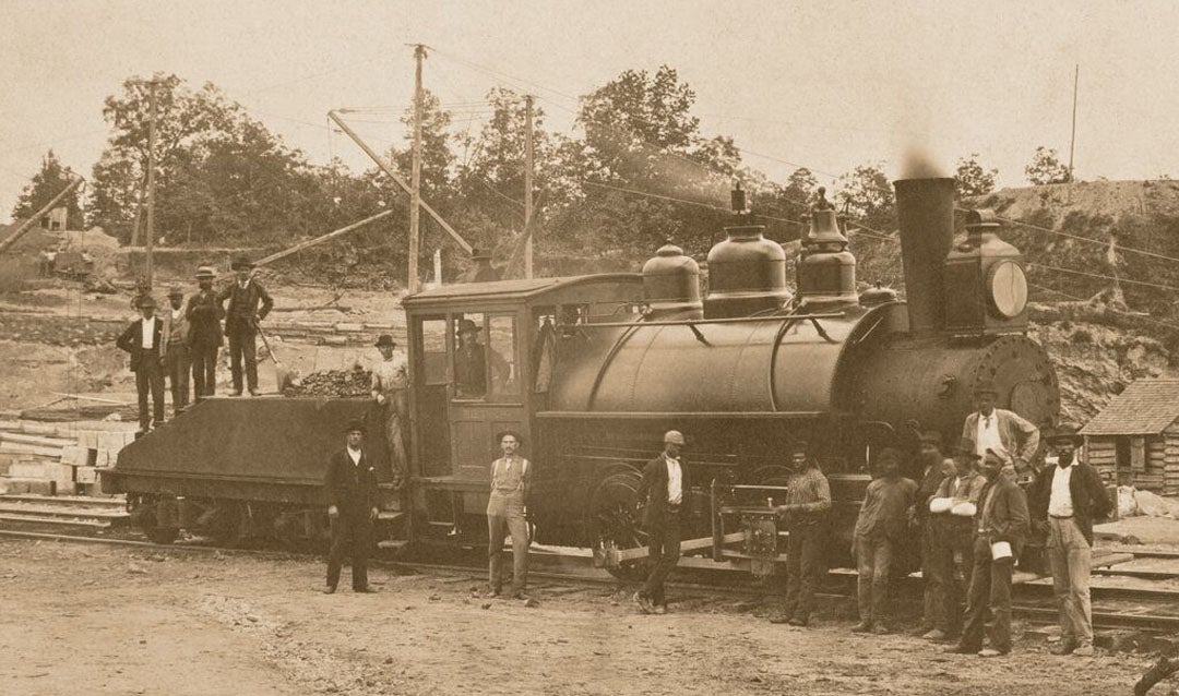 Workers stand with a locomotive on the Esplanade during the construction of Biltmore House, 1892. The stories of various members of the diverse workforce that created America’s Largest Home are highlighted in our new exhibit: Building Biltmore House.