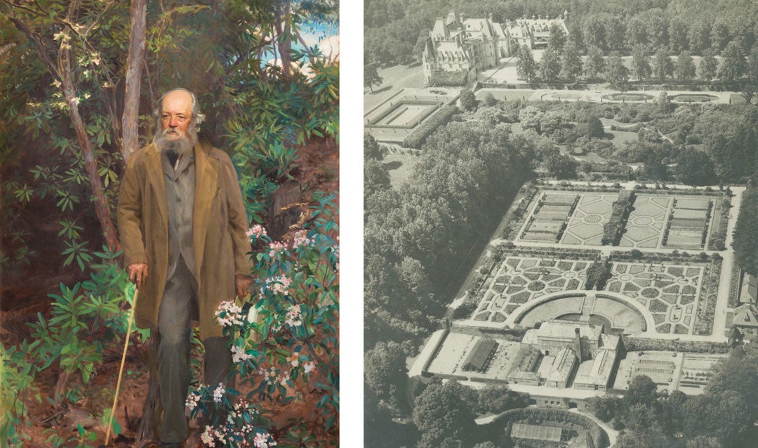 Portrait of Olmsted by Sargent and aerial view of landscape design at Biltmore, ca. 1950