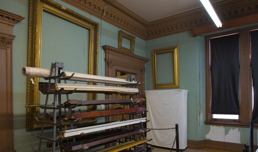 As with many of the unrestored rooms in Biltmore House, the Claude Room was used by our teams for supplemental storage prior to restoration.