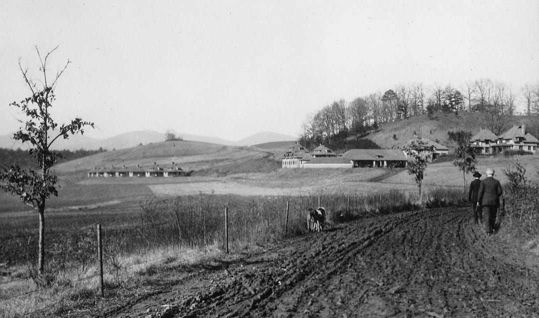 George Vanderbilt, his friend Stephen H. Olin, and two dogs walking towards the Farm Village (what is now Antler Hill Village), c. 1906. The Line is on the far left and the Barn is center-right. The four larger houses on either side of the Barn were reserved for management.