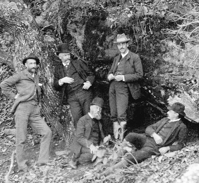 Frederick Law Olmsted (seated, center) with George Vanderbilt (standing, center-right) and (from left to right) purchasing agent Edward Burnett, architect Richard Morris Hunt, and (seated, right) Olmsted’s son, landscape architect partner Frederick Law Olmsted, Jr., circa 1892