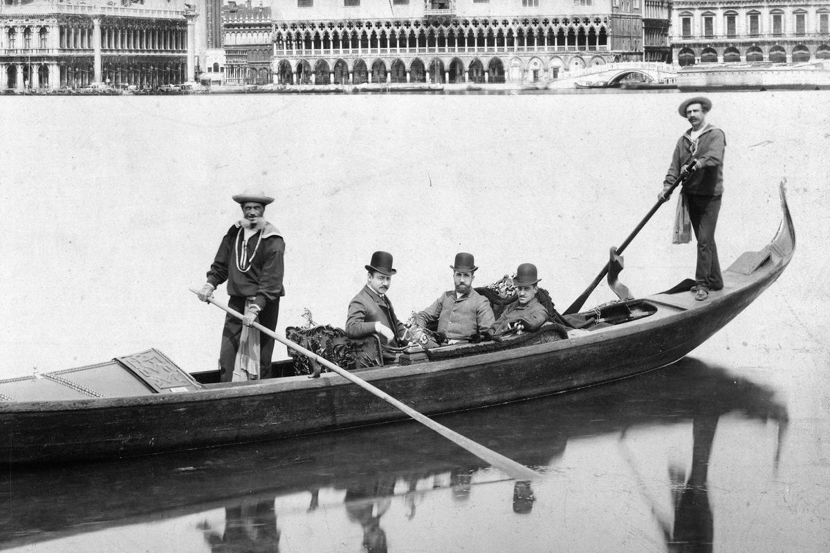 George Vanderbilt (seated, third from left) with unidentified gondola companions in Venice, circa 1890