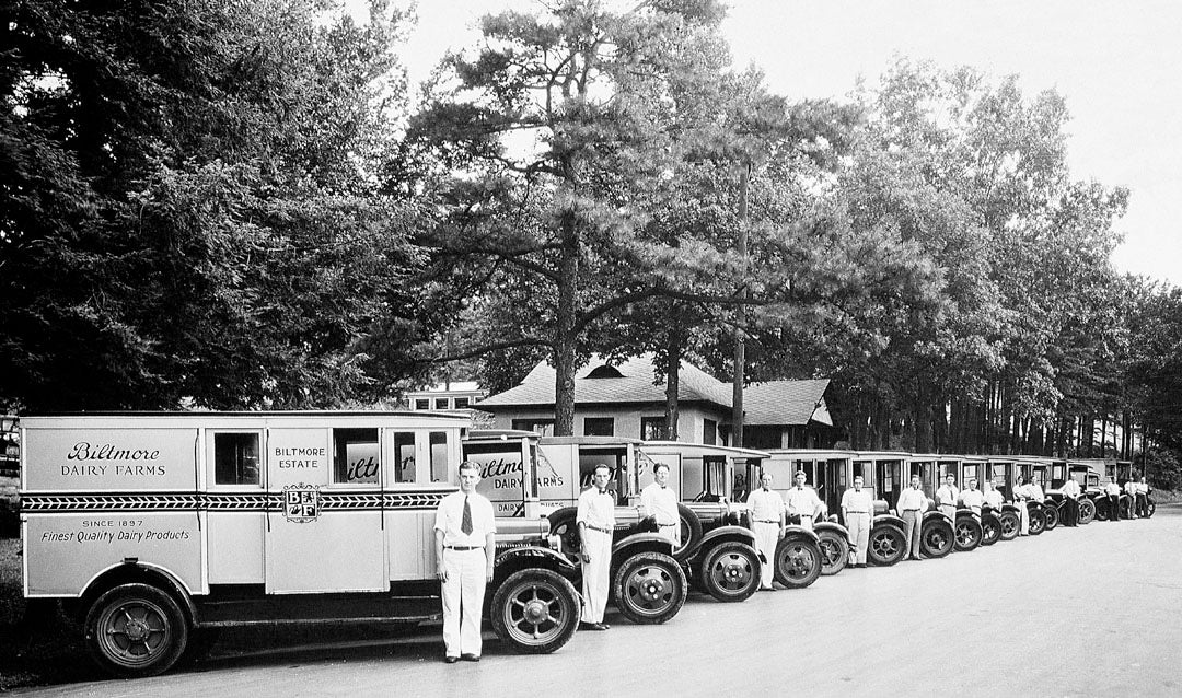 Biltmore Dairy milkmen and delivery trucks, ca. 1935-1940